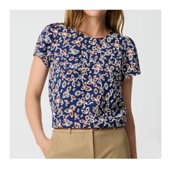 J Crew Women's Short Sleeve Crepe Top Classic Blue Floral Print Blouse Plus Size - Picture 7 of 8